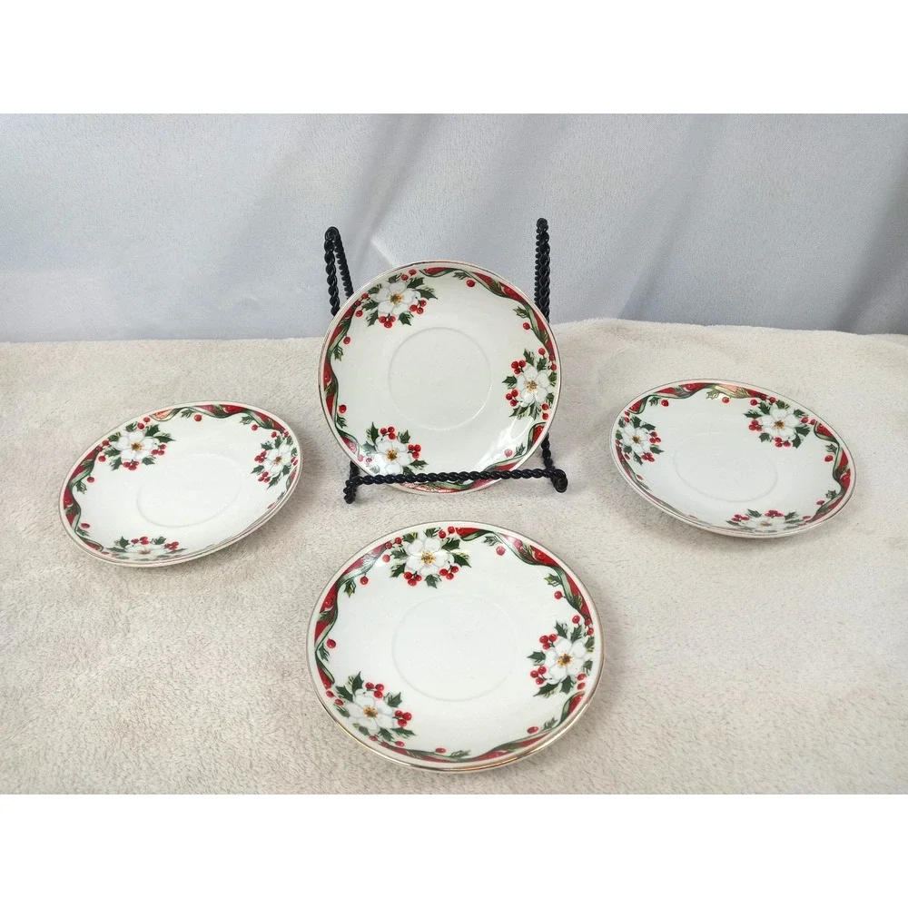 Set of 4 Gibson‎ Christmas Poinsettia & Holly Saucers 5.75